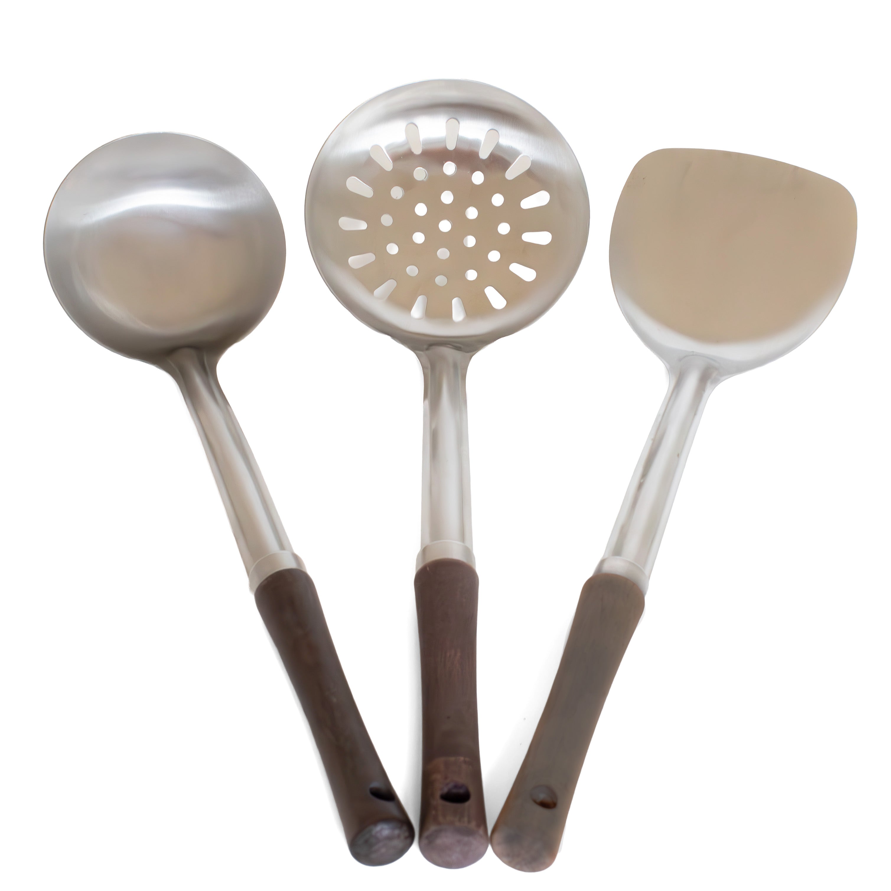 Wok-Tool-Set – Wokwender, Wok-Löffel & Wok-Sieb aus Edelstahl mit Holzgriff