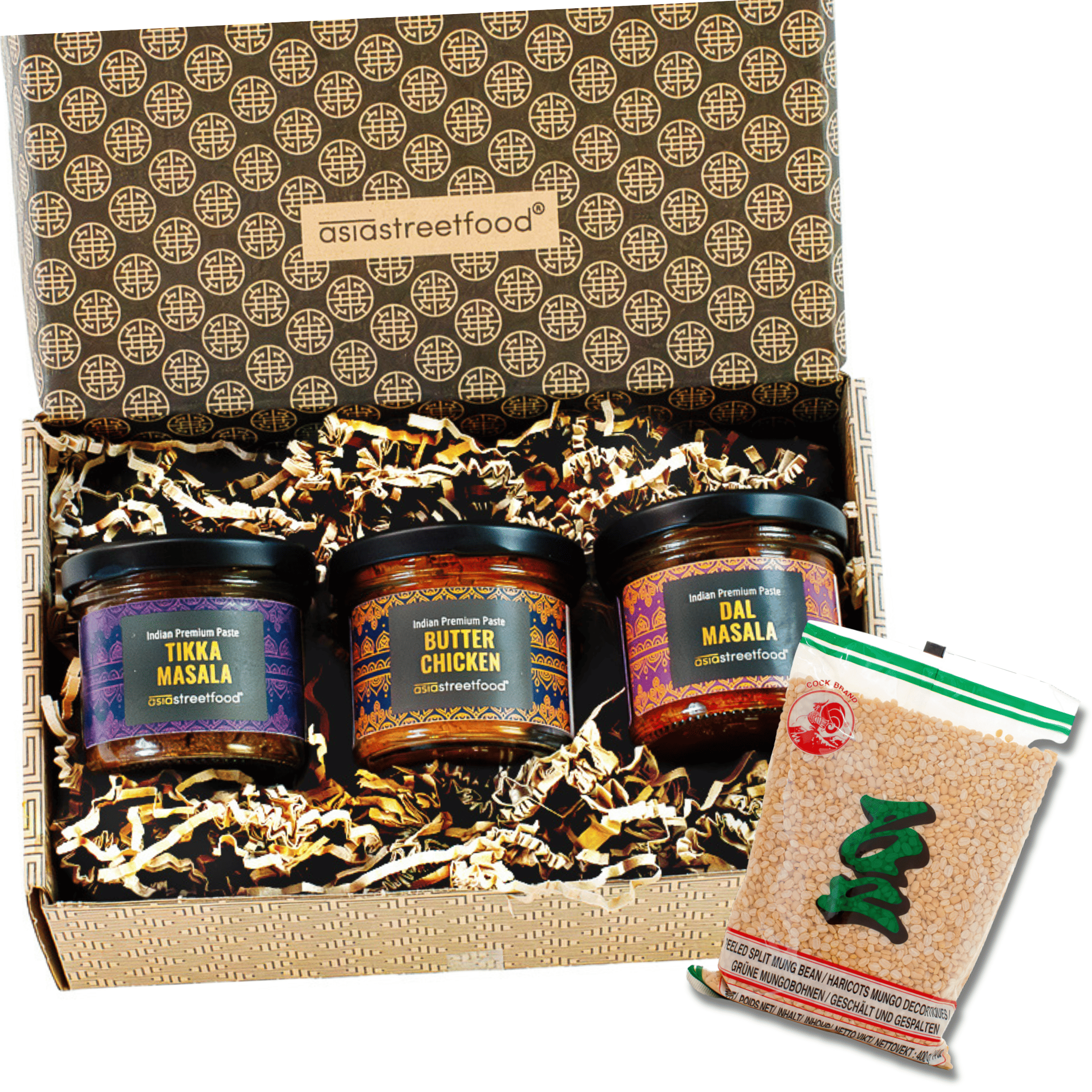 Indische Currypasten Geschenkbox Butter Chicken Tikka Masala Dal + kostenlose Mungbohnen