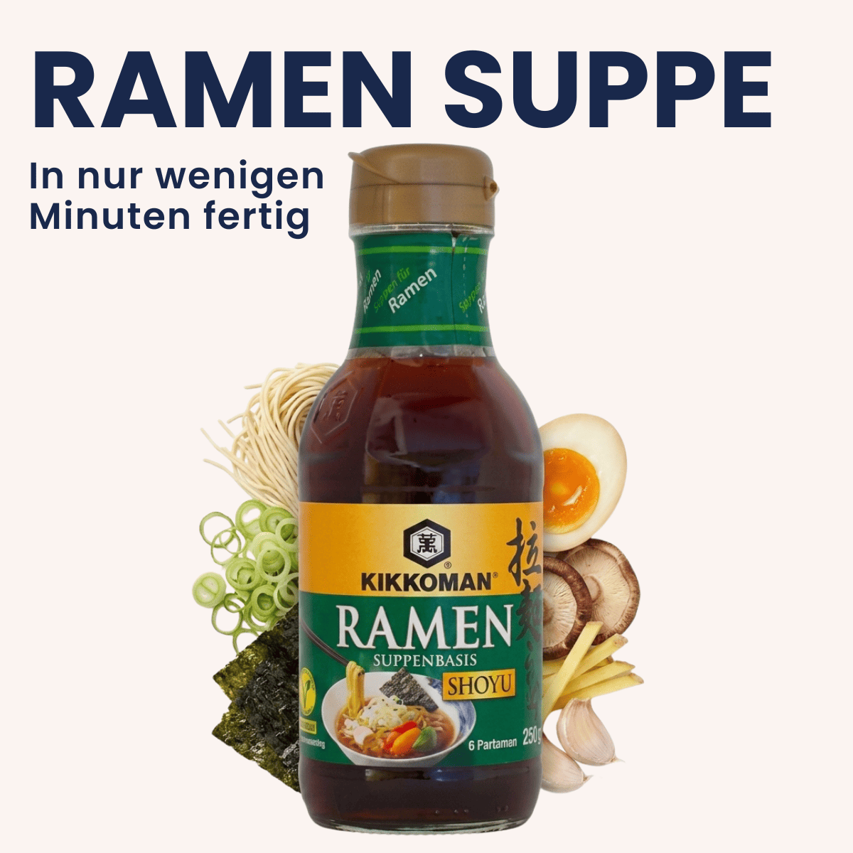 Zubereitung einer japanischen Ramen-Suppe mit Kikkoman Ramen-Brühe und frischen Zutaten